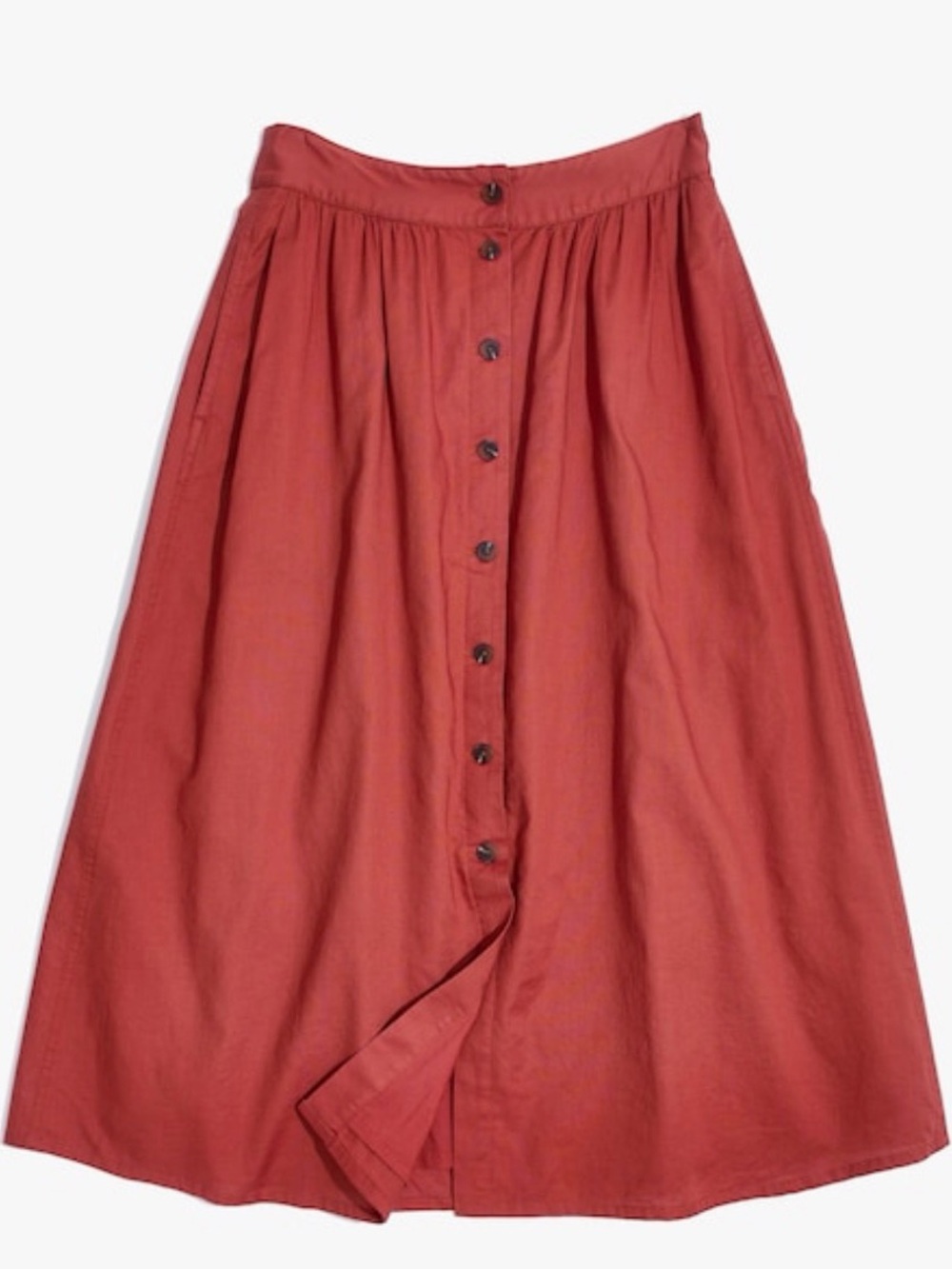 Madewell Palisade Button-Front Midi Skirt in terracotta